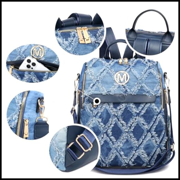 Distressed Denim Backpack Purse Anti-Theft Rucksack Travel College Shoulder Bag